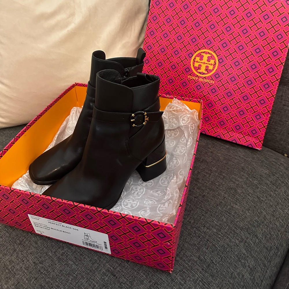 Tory Burch Multi Logo Buckle Boot Black Size 8